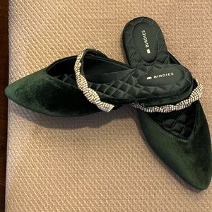 Birdies The Swan dark green velvet mule with crystal strap.